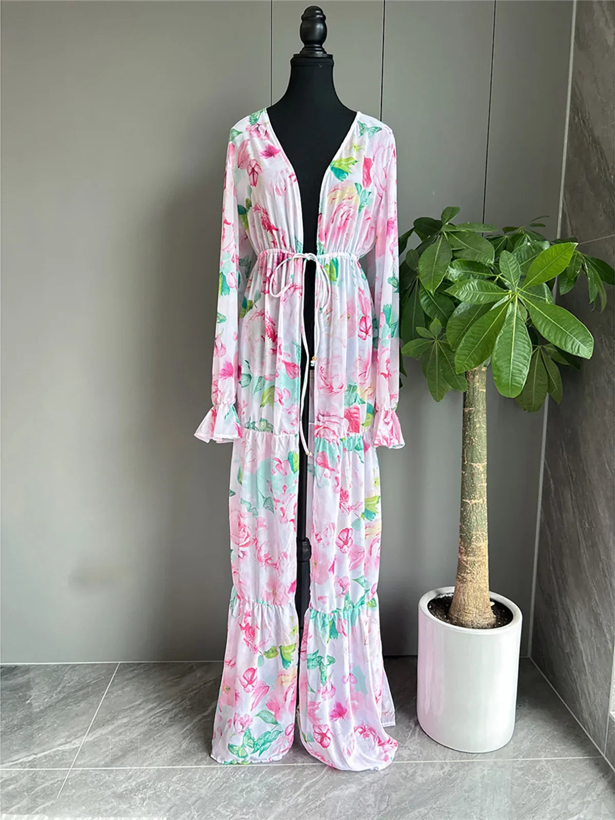 Floral Long Sleeve Tunic Cover Up Printing