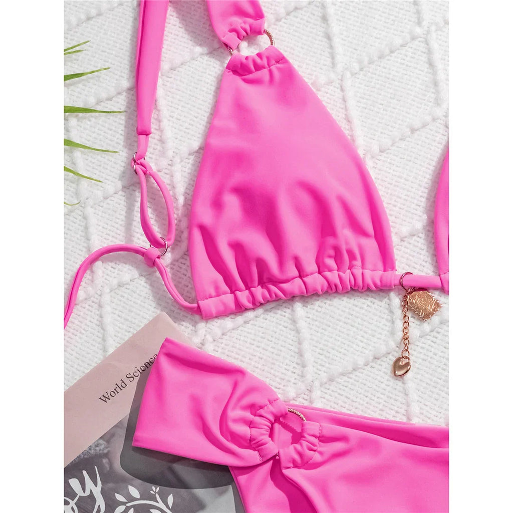 Metal Ring High Leg Bikini Set