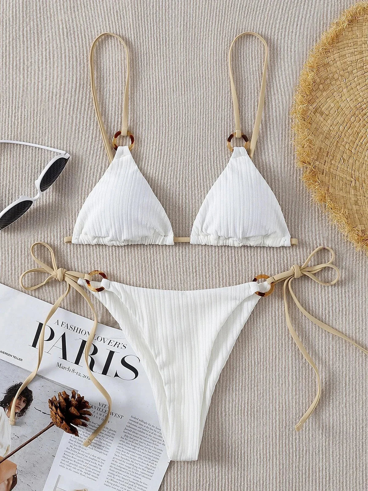 Ribbed Brazilian Bikini Set White