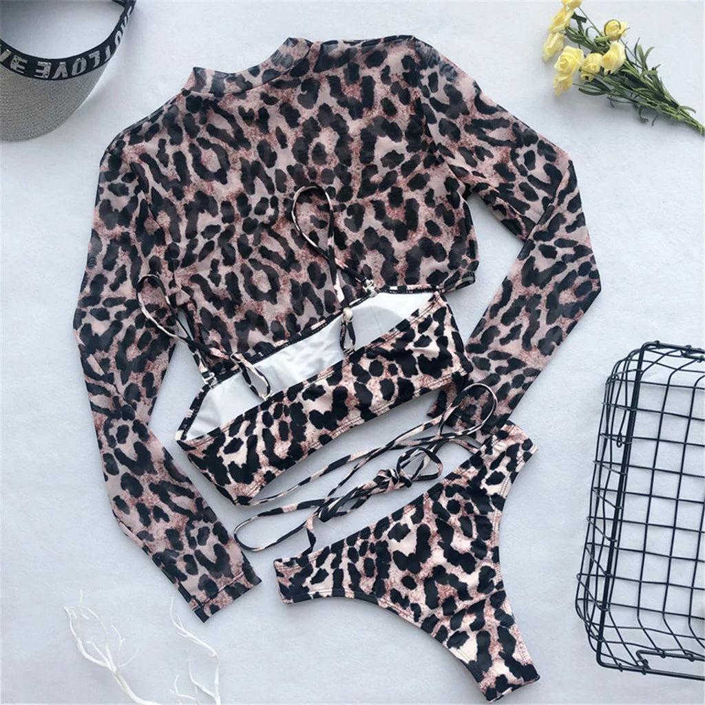Leopard Long Sleeve Cover Up Bikini