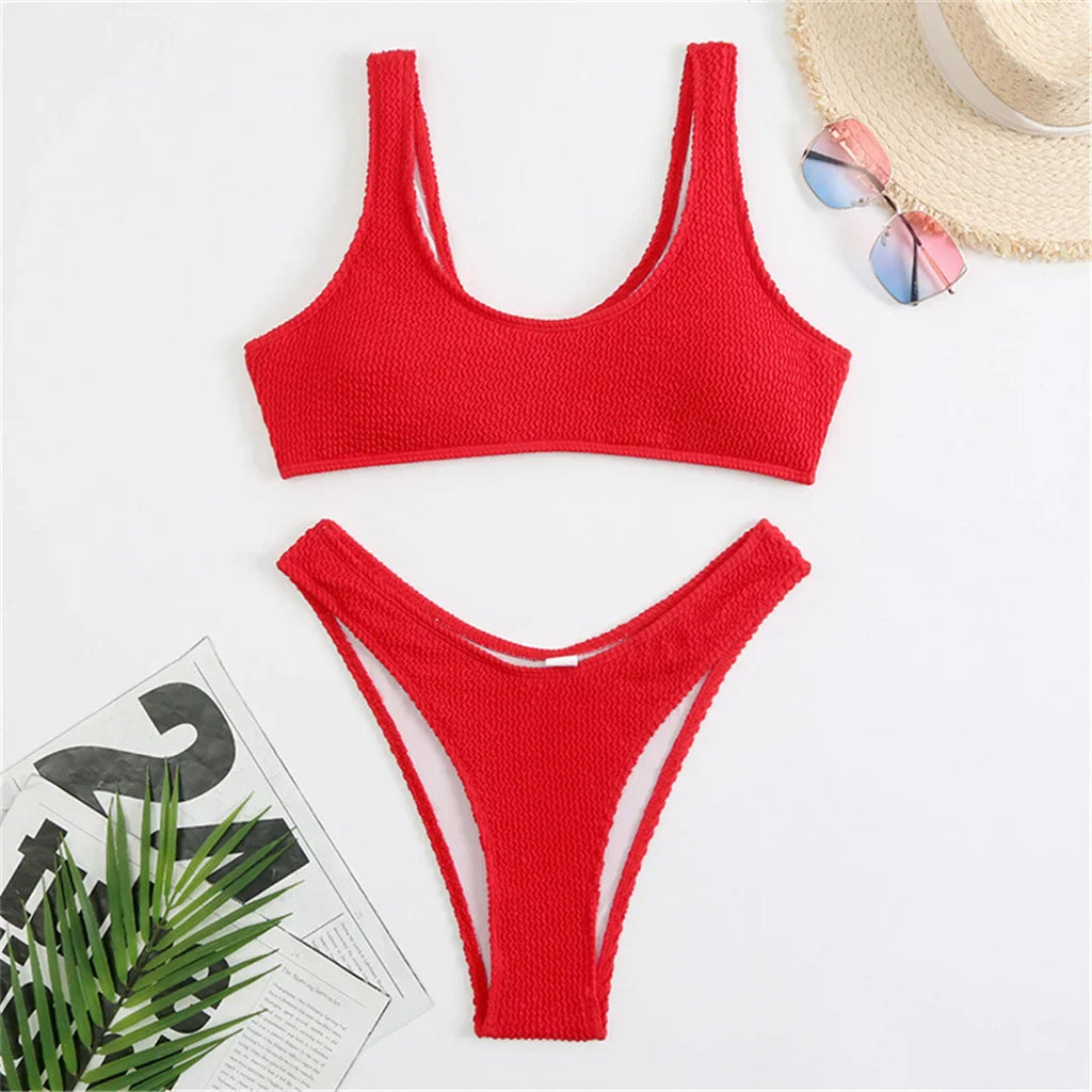 High Cut Wrinkled Bikini Set Red