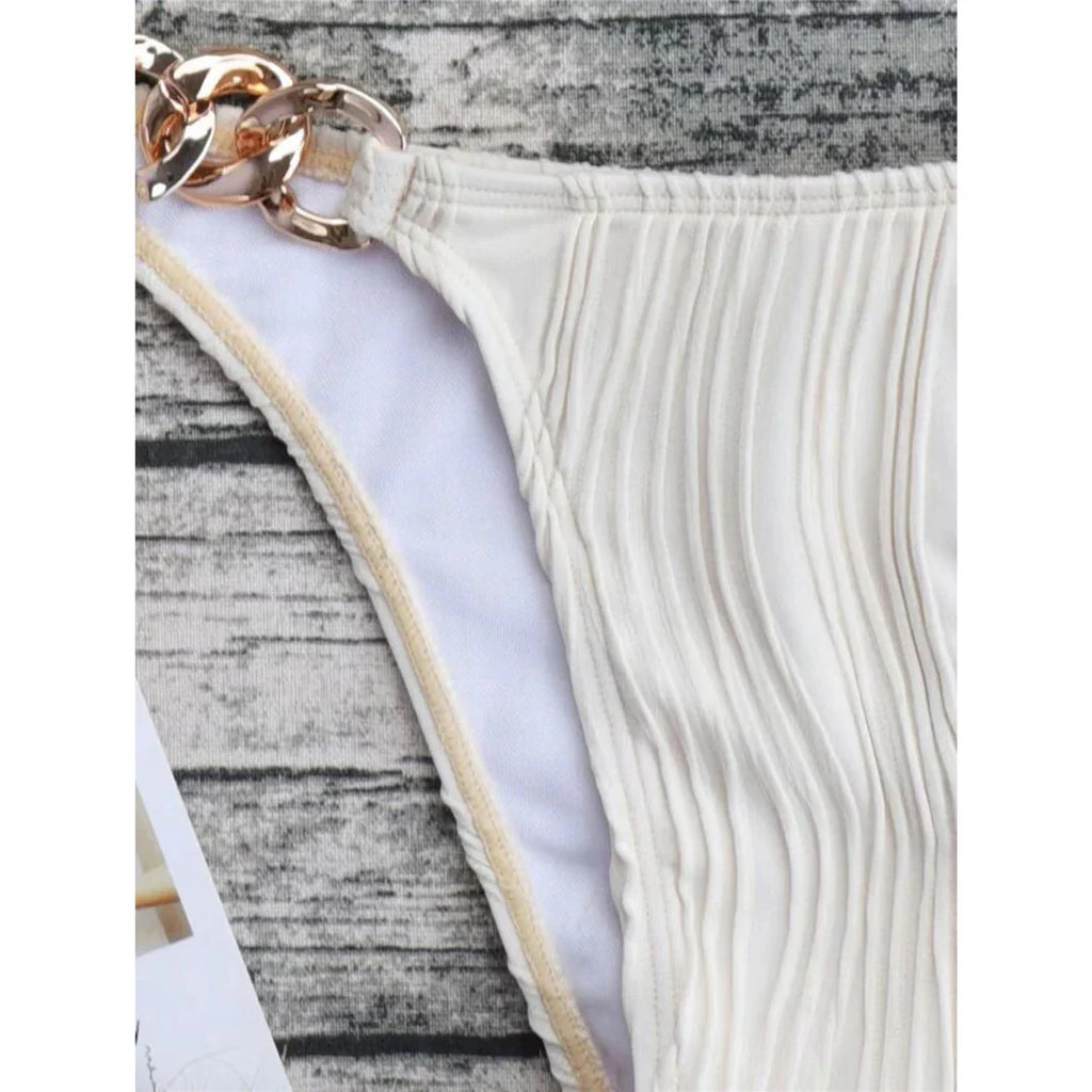 Metal Rings Halter Wrinkled Bikini Set