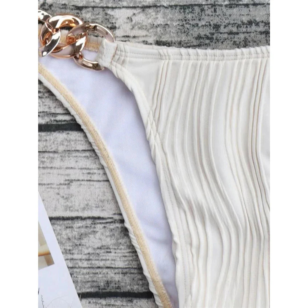 Metal Rings Halter Wrinkled Bikini Set