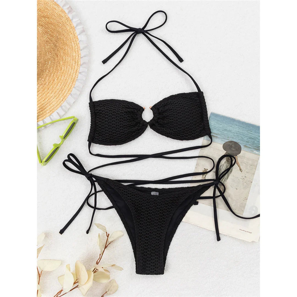 Wrap Around Halter Bikini Set Black
