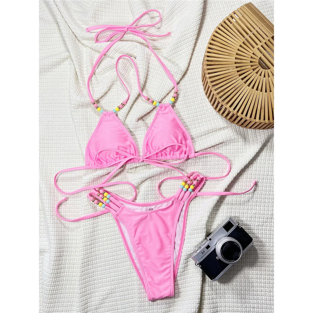 Halter Beaded High Cut Bikini