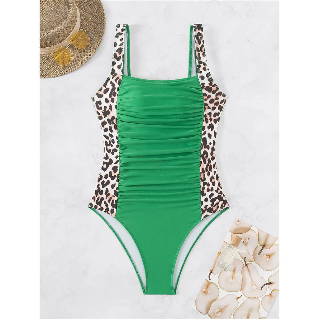 Leopard Splicing One Piece Swimsuit Green