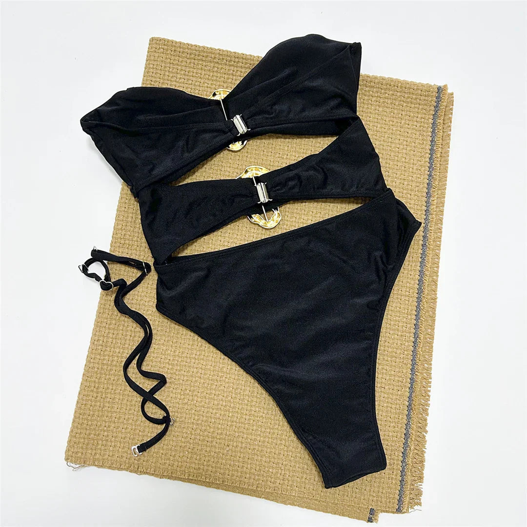 Metal Rings Cut Out One Piece Swimsuit
