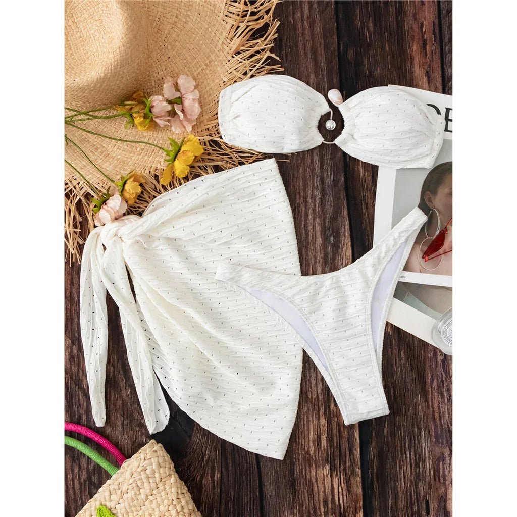 Bandeau Hollow Out Bikini with Sarong