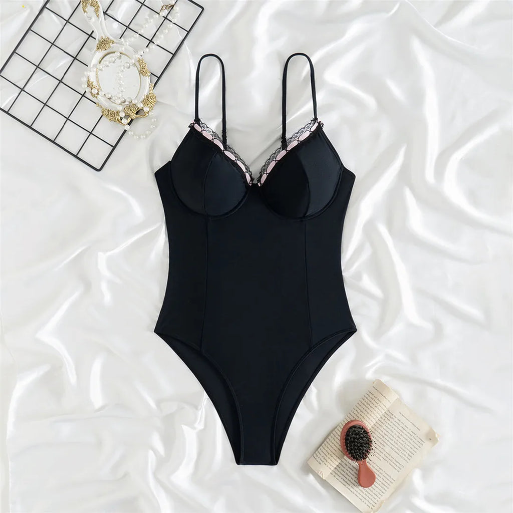 V Neck Underwired Lace Swimsuit Black