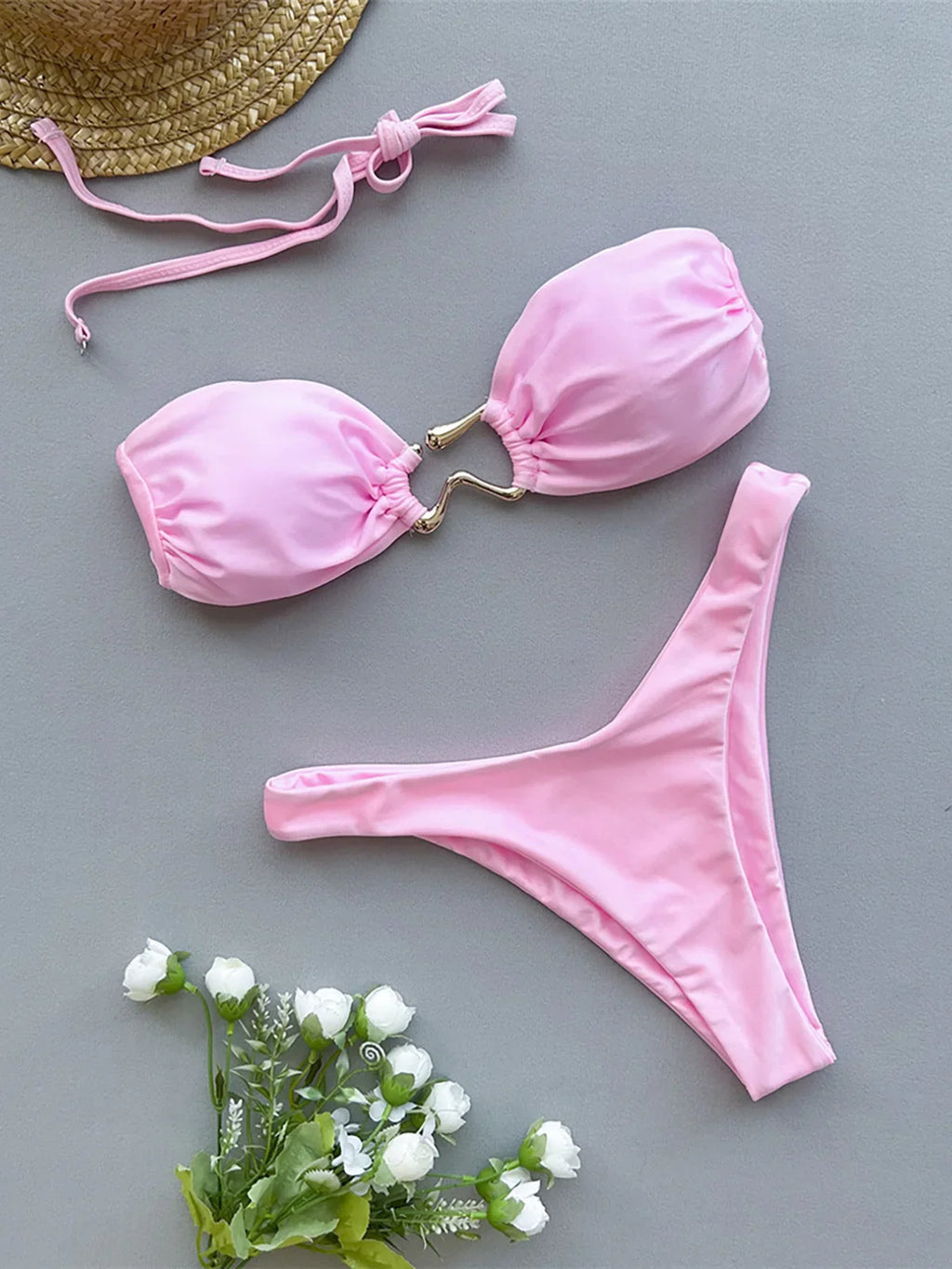 Metal Ring Bandeau Bikini Set Shiny Pink