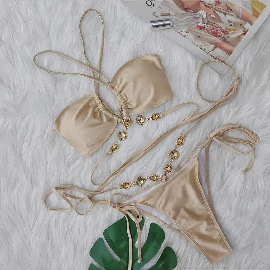 Rhinestone Wrap-Around Bikini Set Camel