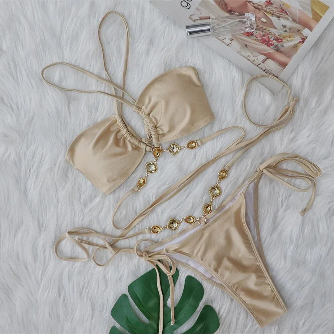 Rhinestone Wrap-Around Bikini Set Camel