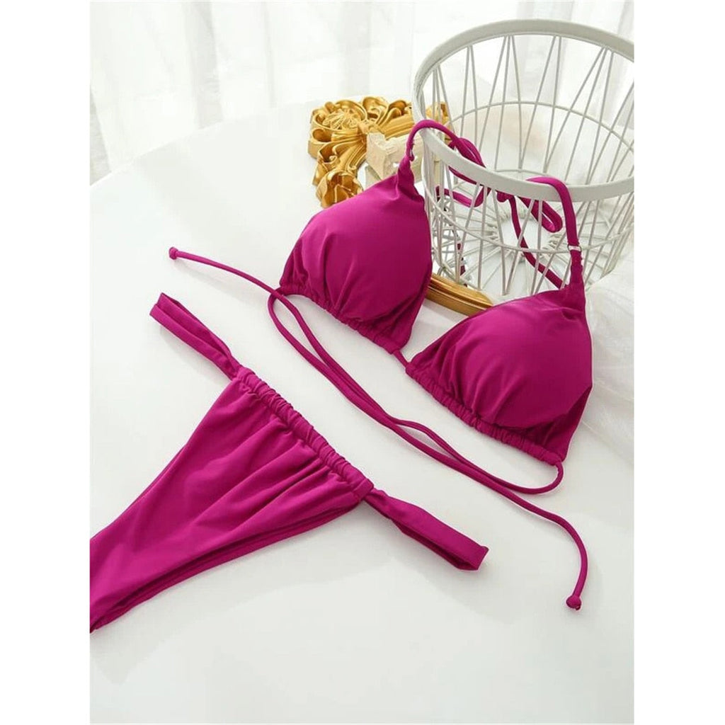 Wrinkled High Cut Thong Bikini Purple Red