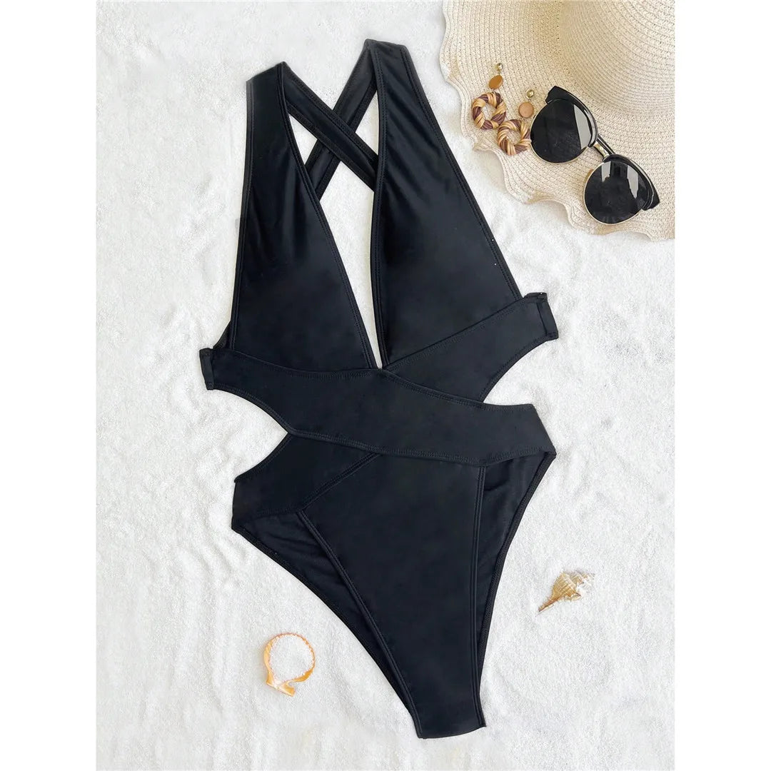 Deep V Neck Cross Back Swimsuit Black