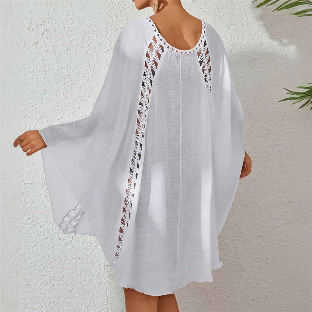 White Long Sleeve Crochet Tunic