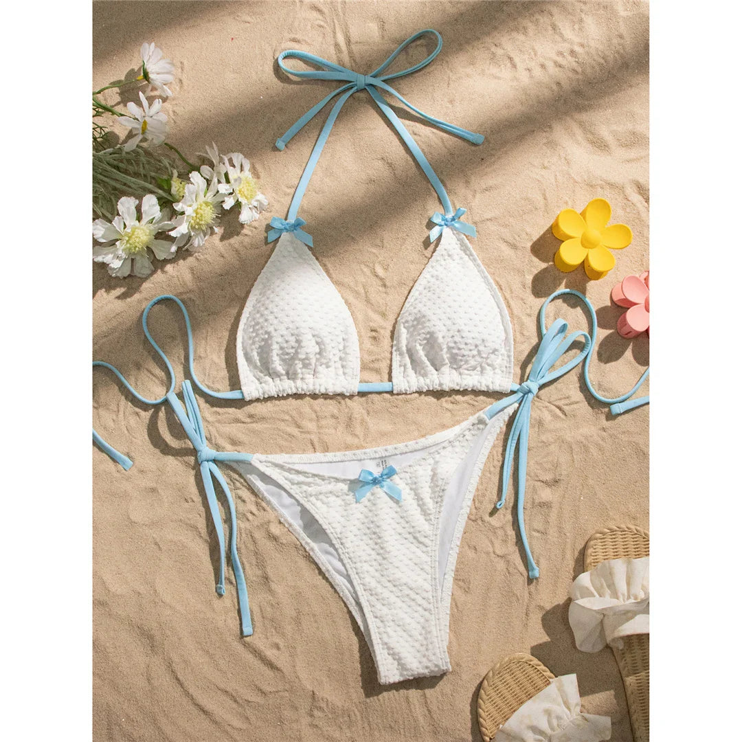 Halter Bow Strappy Bikini Set White