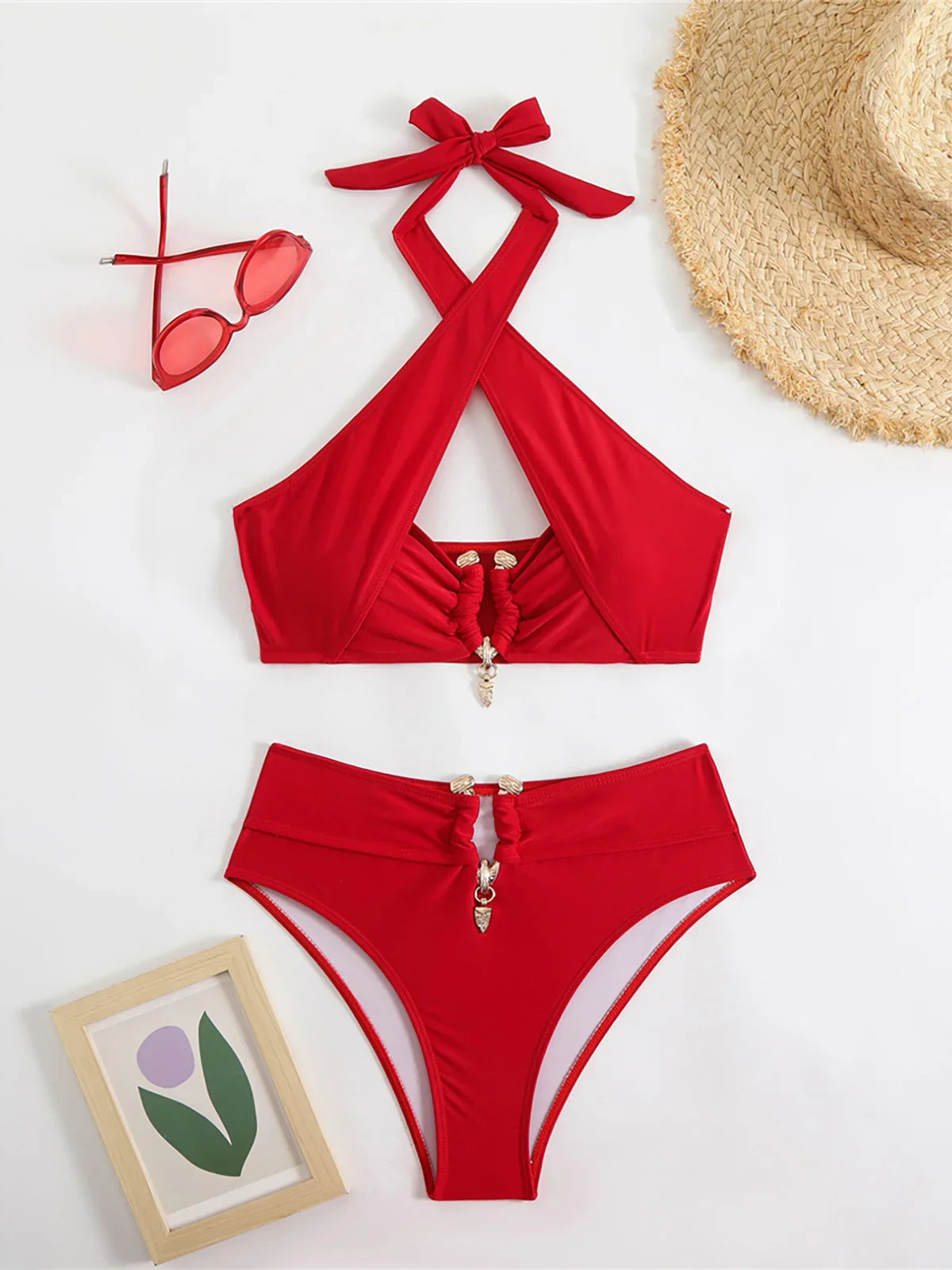 Halter Cut-Out High Waist Bikini Red