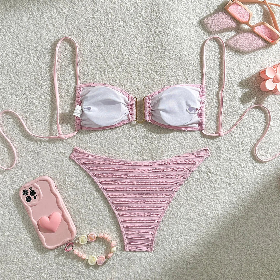 U Neck Crinkled Bikini Set
