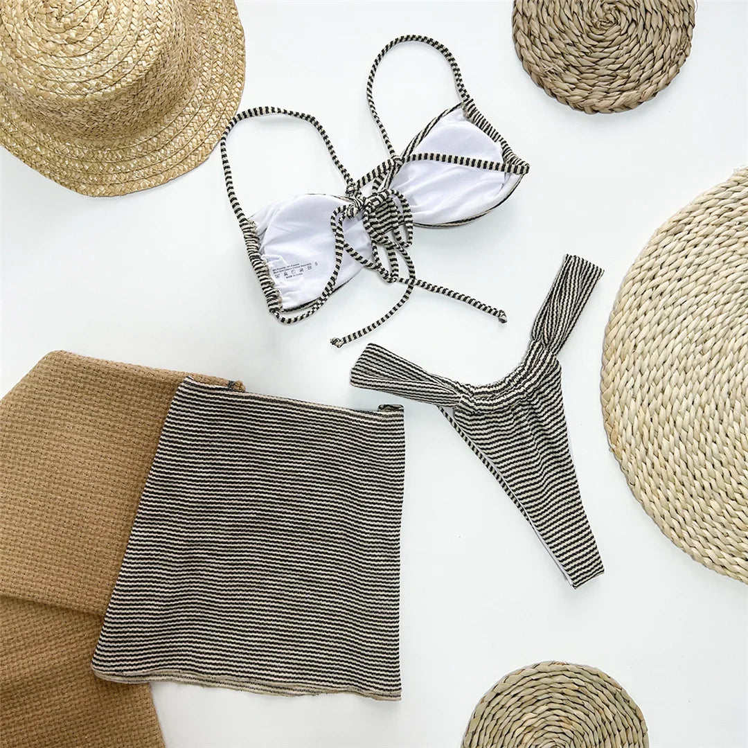 Three Piece Striped High Leg Bikini Set