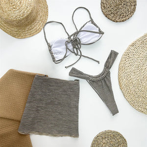 Three Piece Striped High Leg Bikini Set