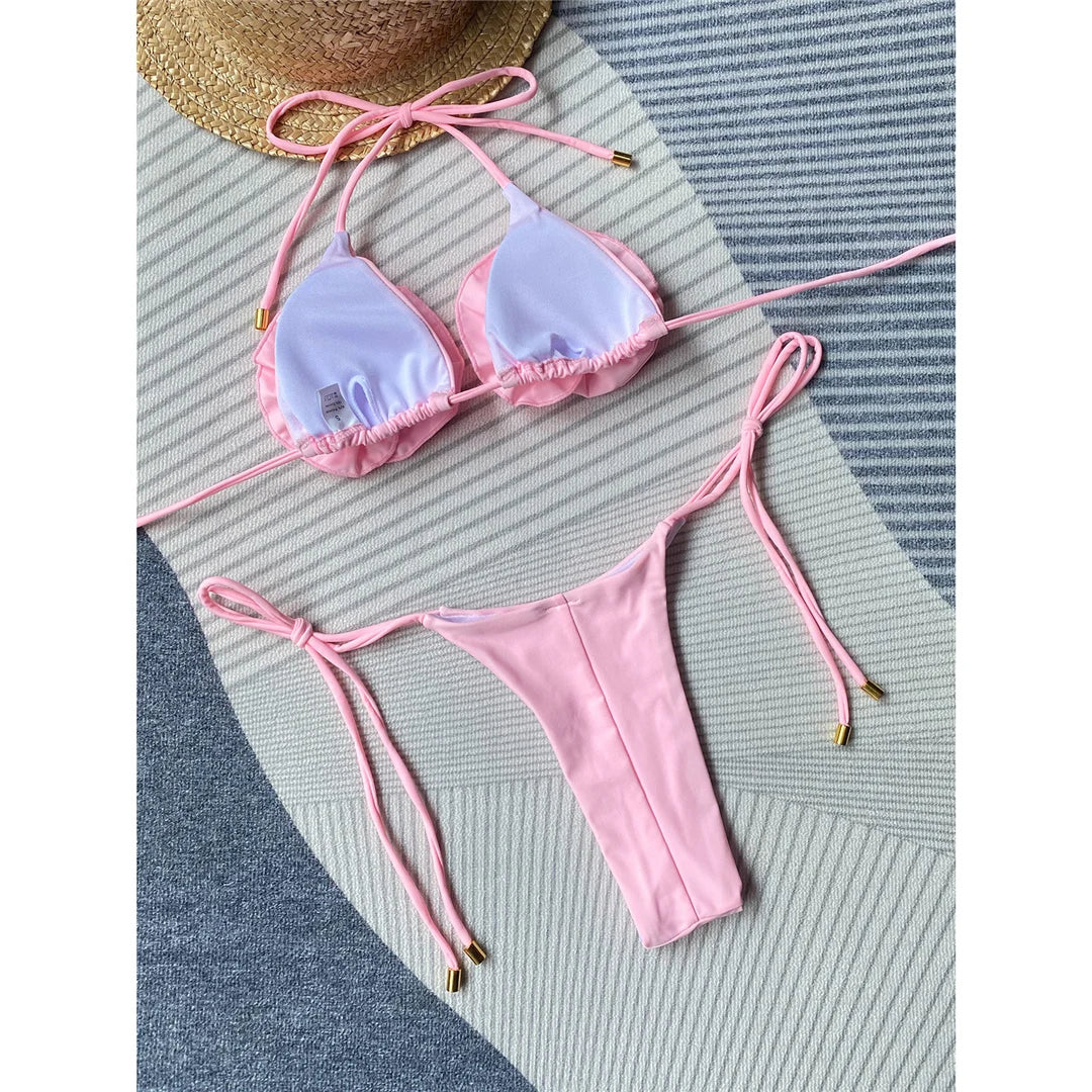 Flowers Halter Thong Bikini Set