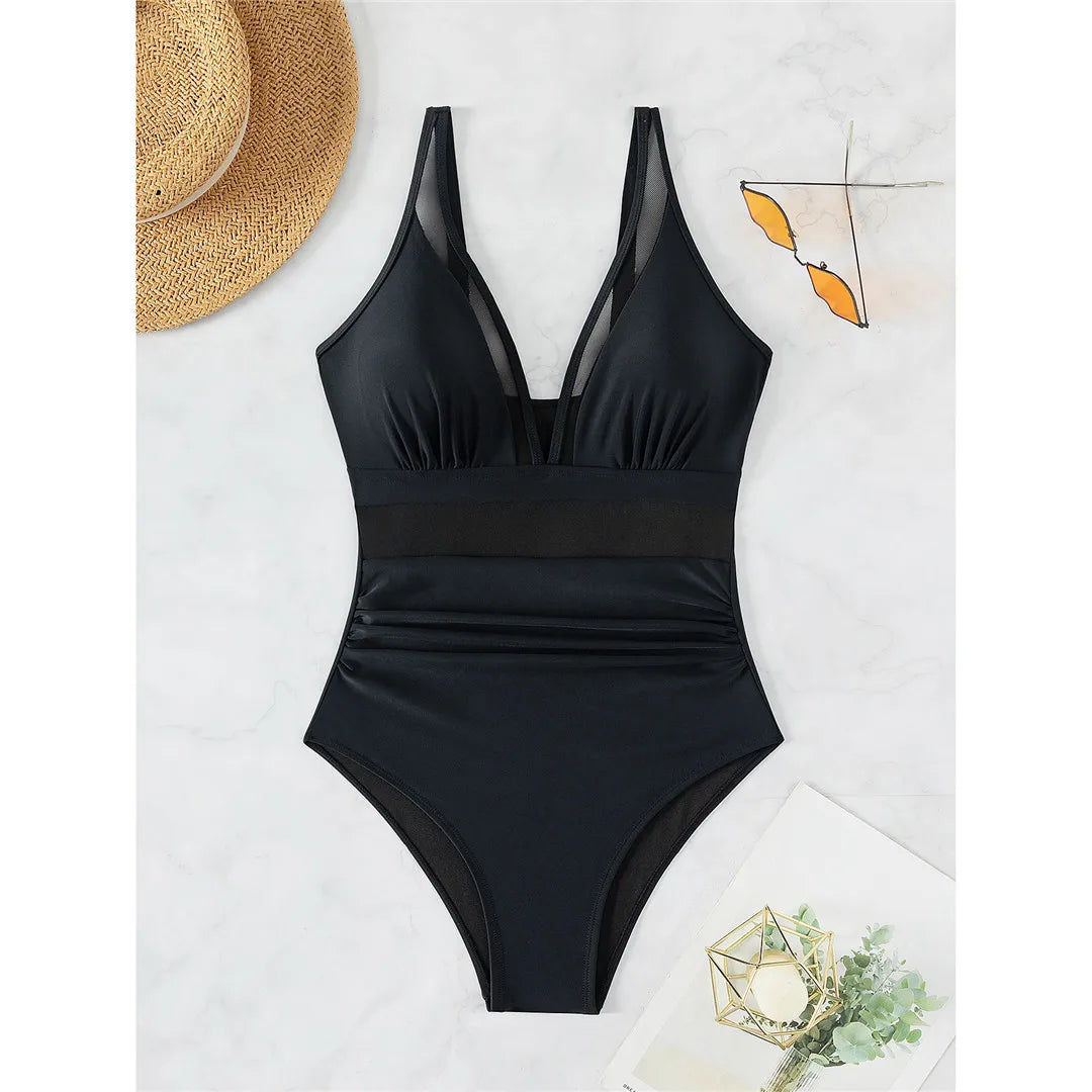 Mesh Leopard Print Monokini V-Neck Black