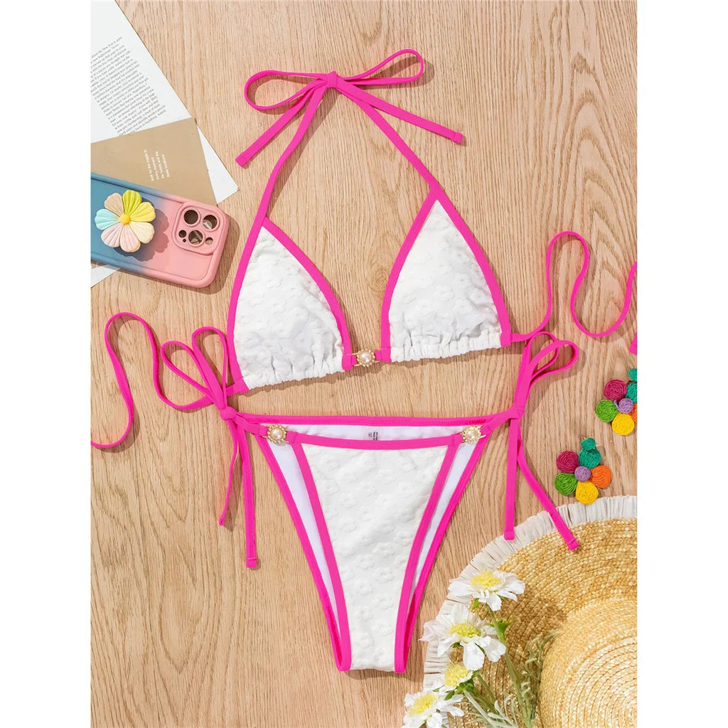 Pearl Rhinestones Halter Bikini Set