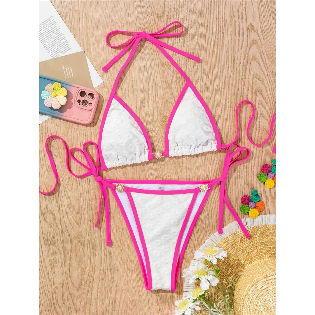 Pearl Rhinestones Halter Bikini Set