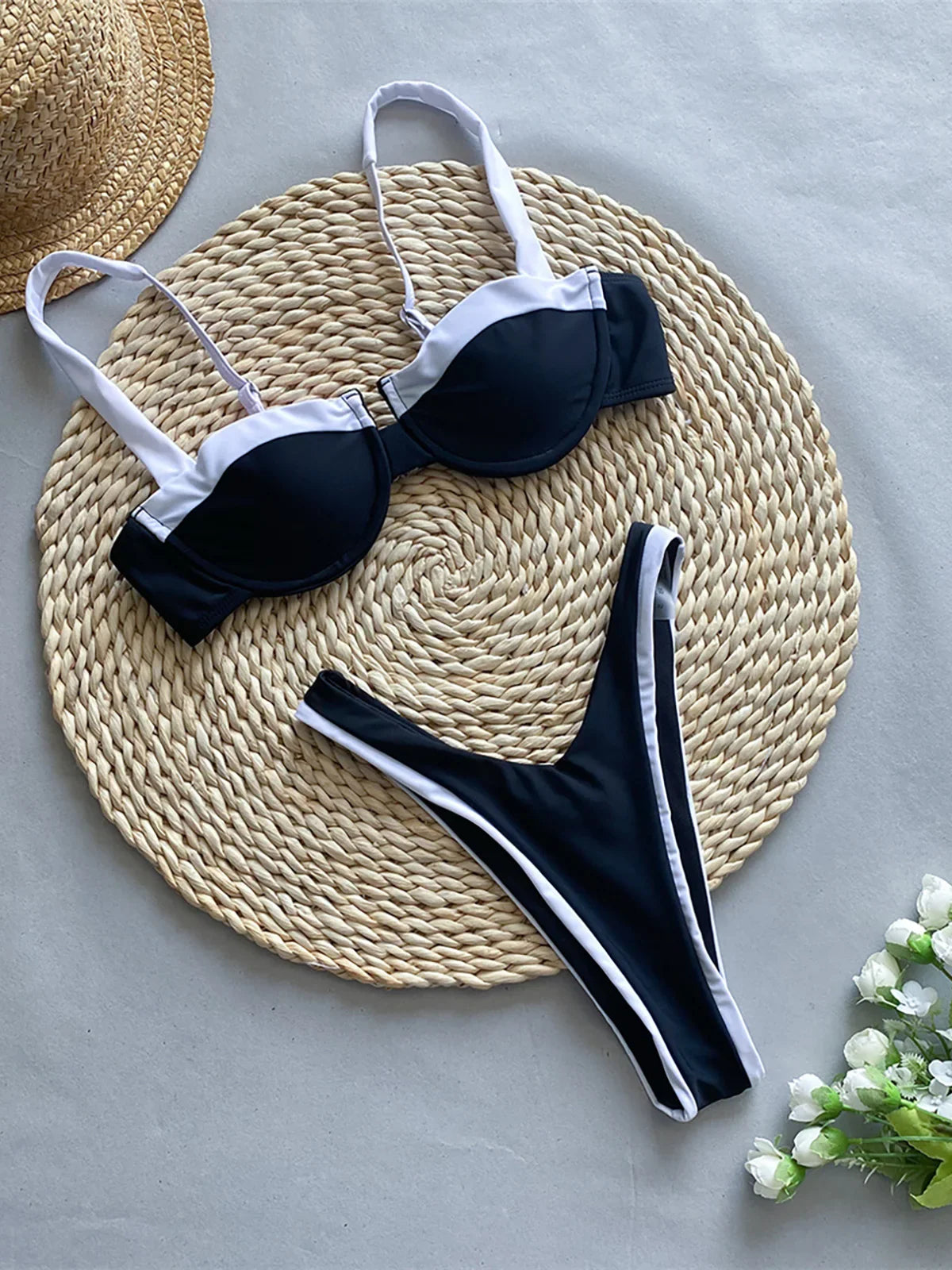 Splicing Underwired High Leg Bikini Set Black