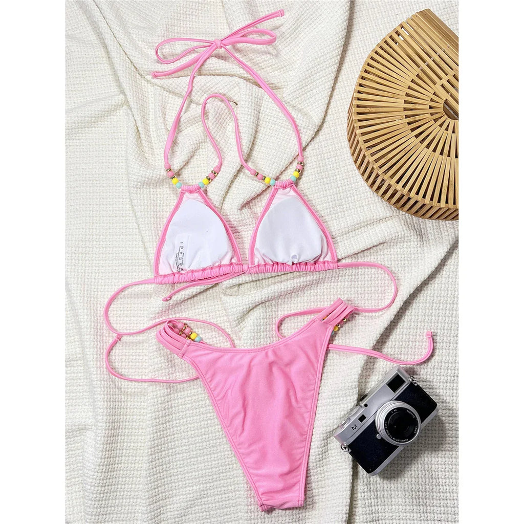Halter Beaded High Cut Bikini