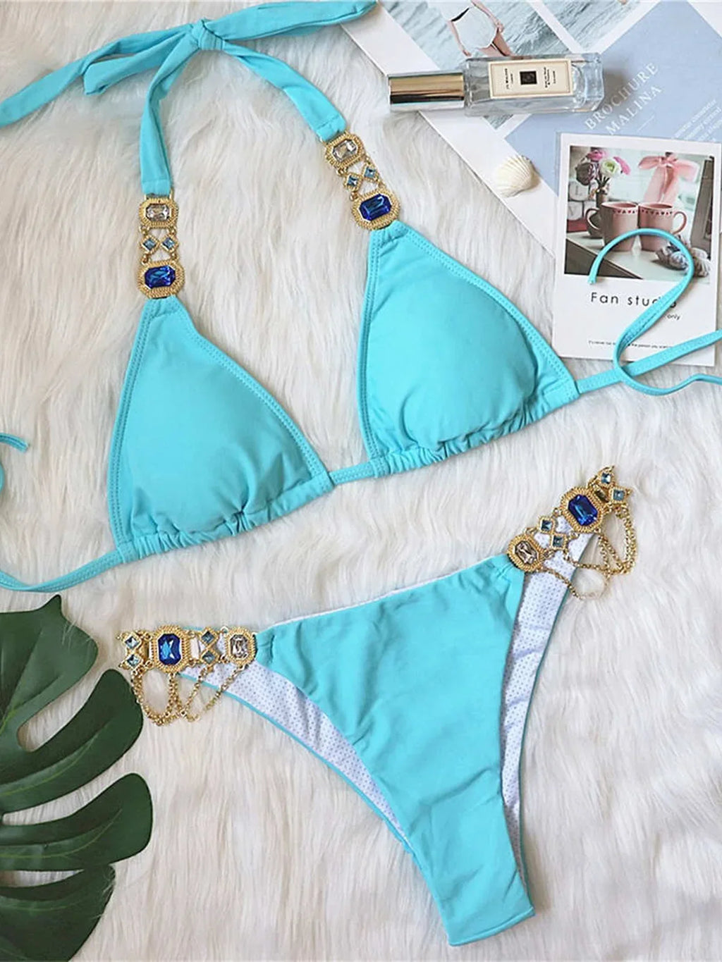 Jeweled Diamond Rhinestone Bikini Sky Blue