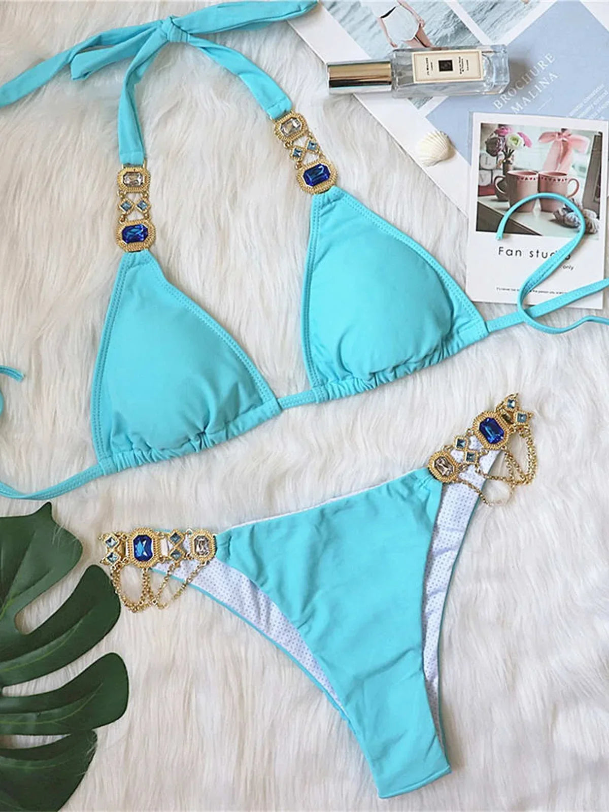 Jeweled Diamond Rhinestone Bikini Sky Blue