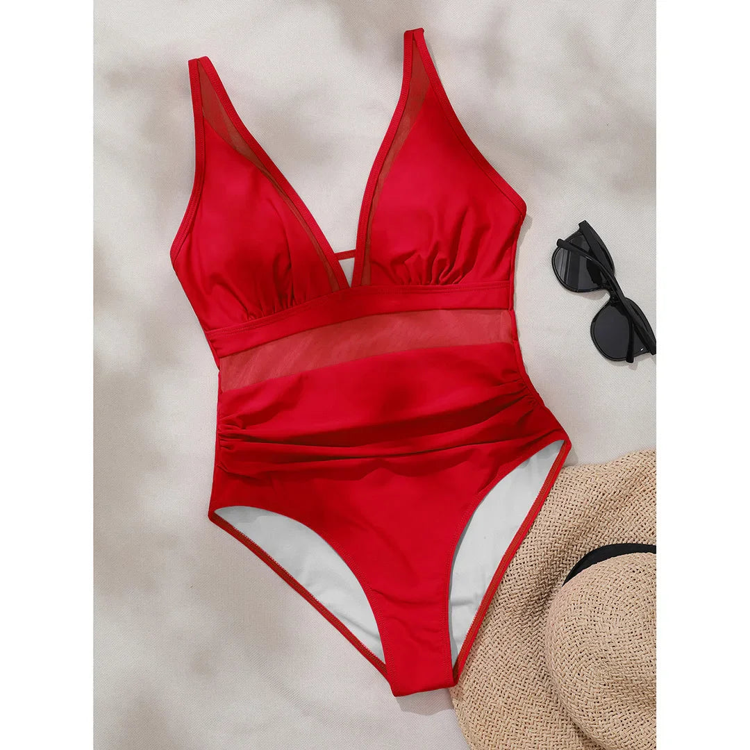 Mesh Leopard Print Monokini V-Neck Red