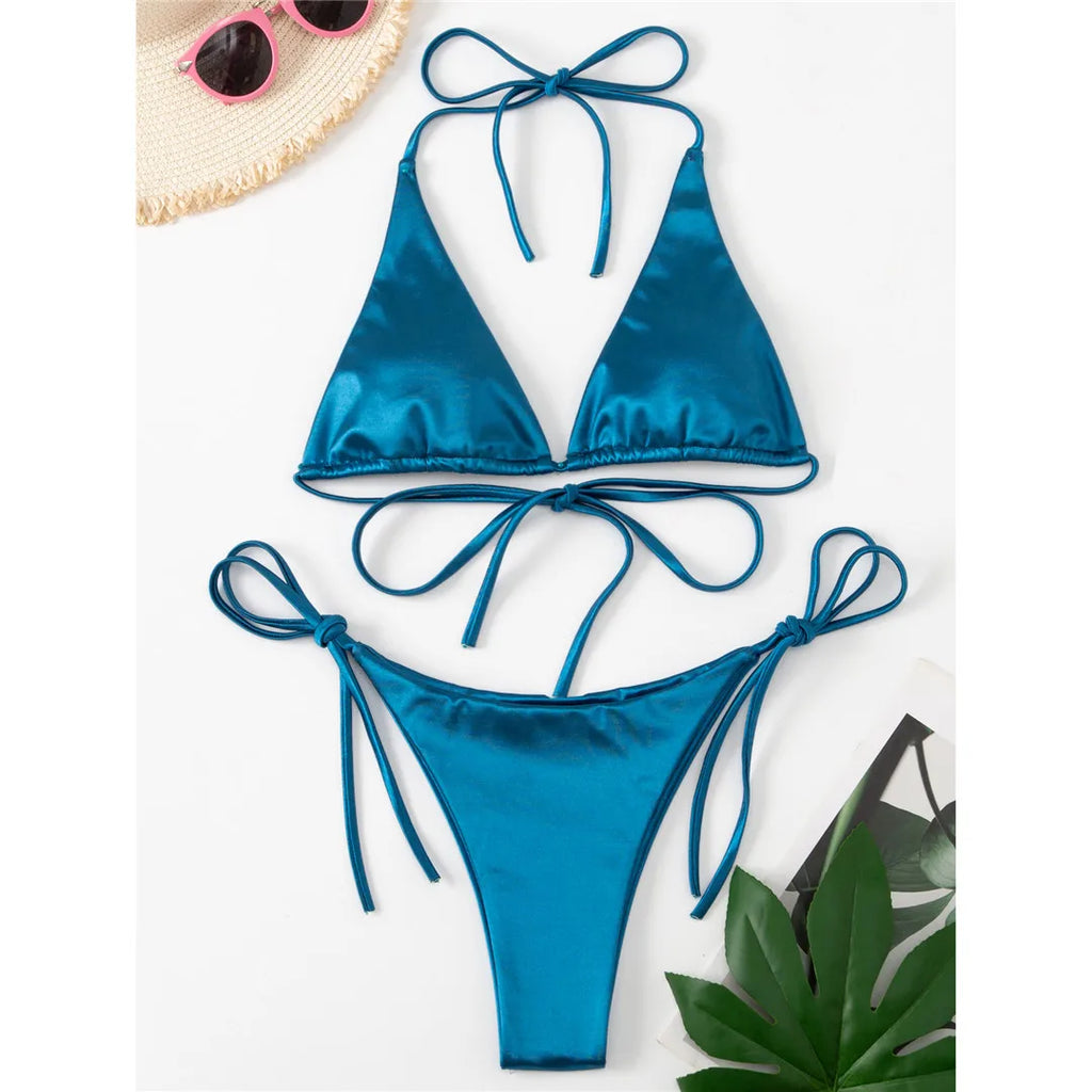 Satin Halter Brazilian Bikini Set Deep Blue