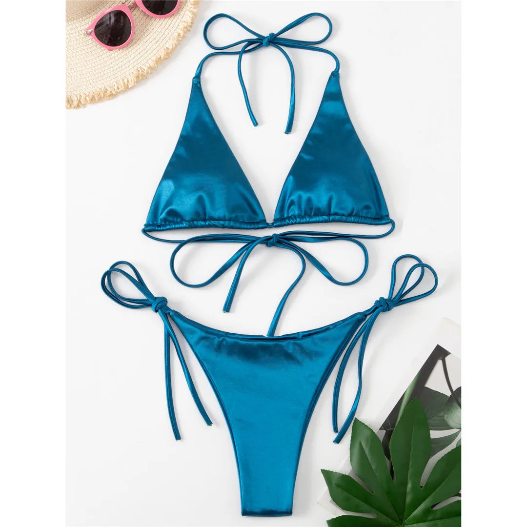 Satin Halter Brazilian Bikini Set Deep Blue