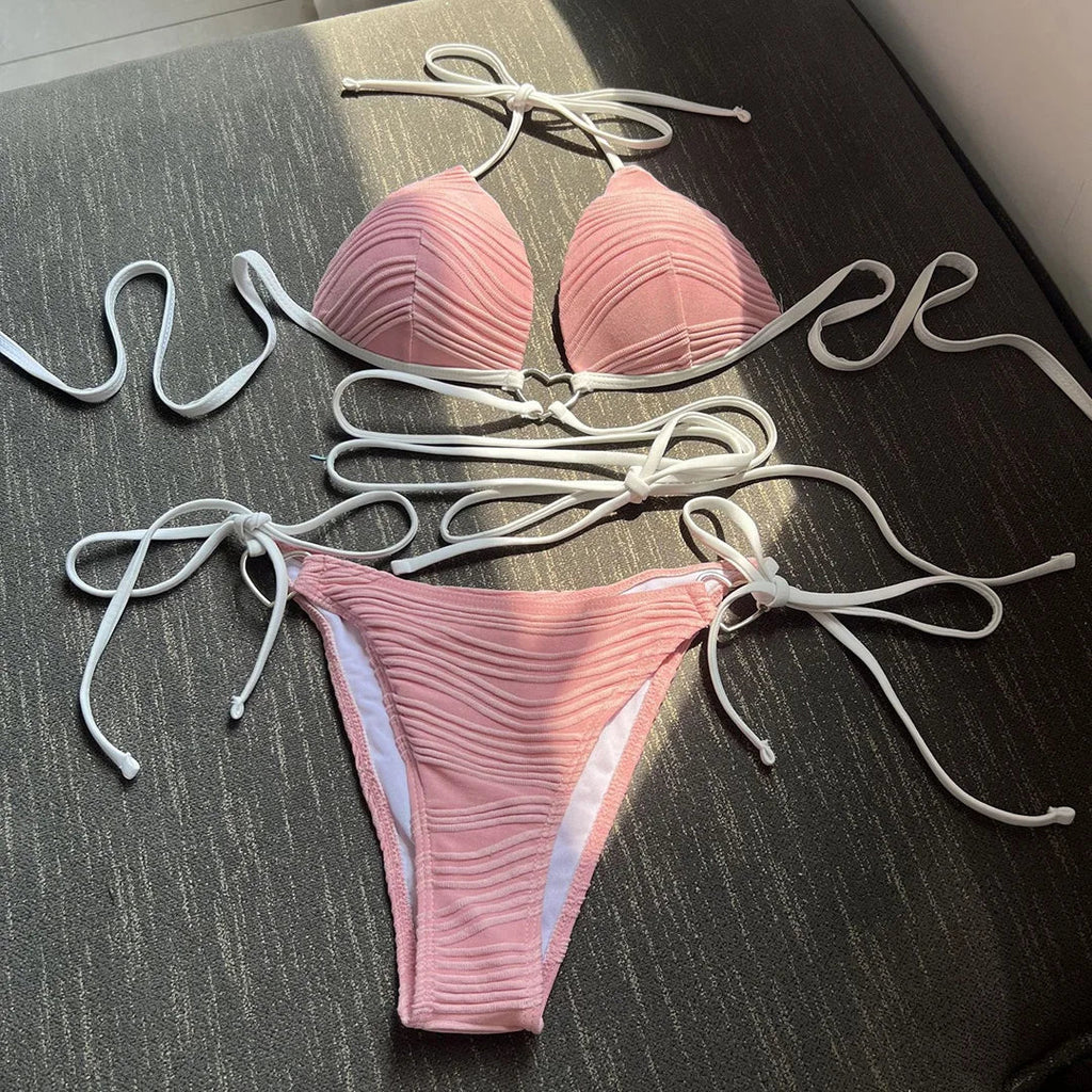 Wrap Halter Wrinkled Bikini Set Pink