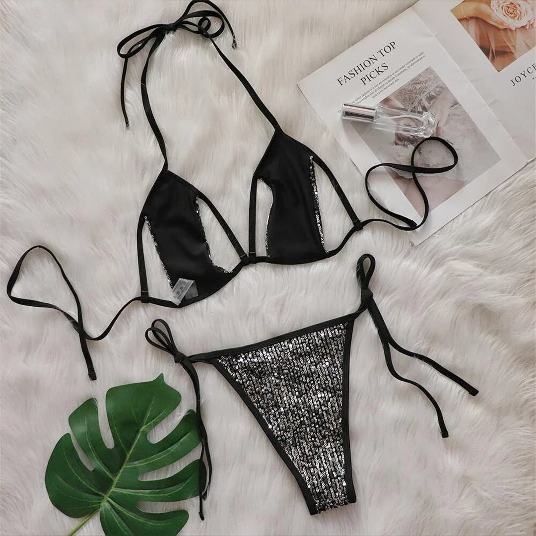 Sequins Halter Strappy Bikini Set