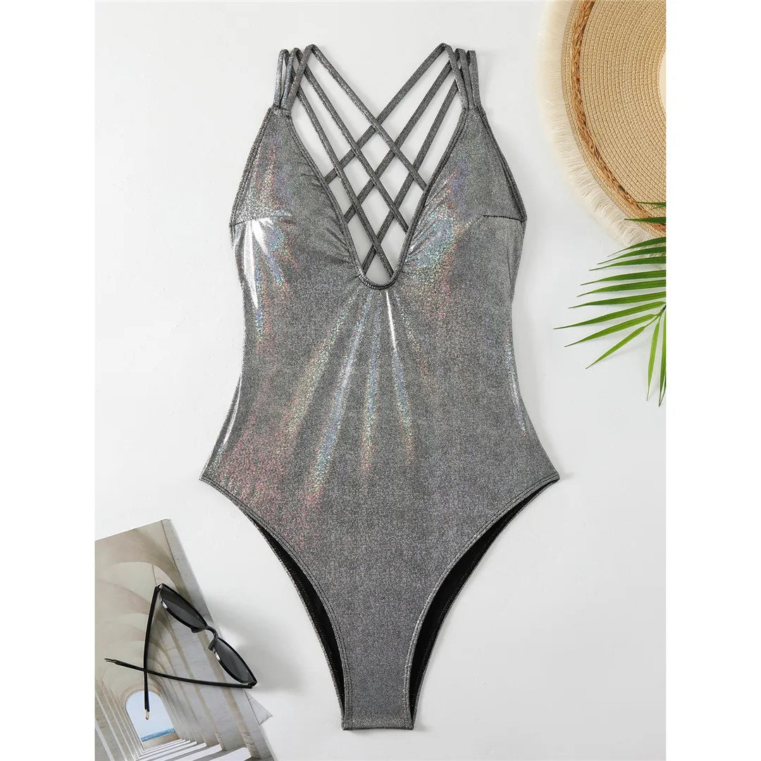 Glitter V Neck Cross Back Swimsuit Silver