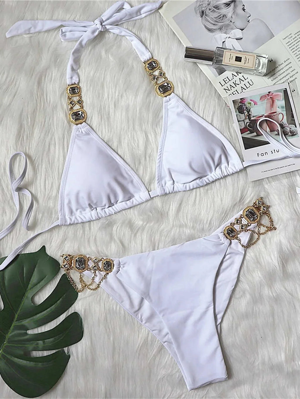 Jeweled Diamond Rhinestone Bikini White