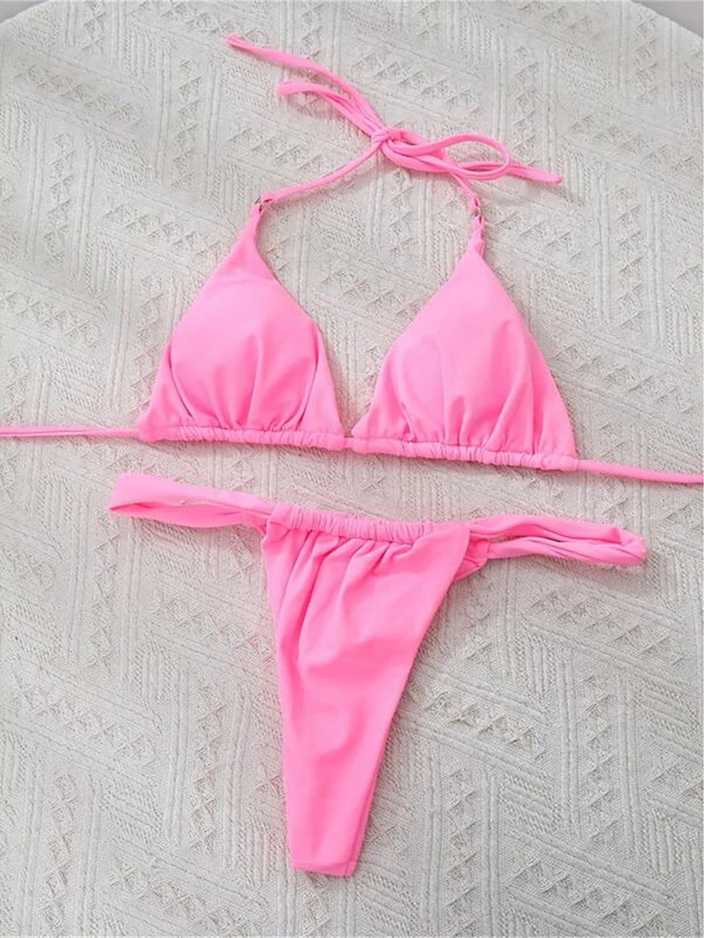 Wrinkled High Cut Thong Bikini Pink