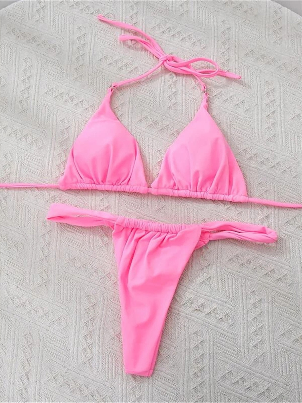 Wrinkled High Cut Thong Bikini Pink