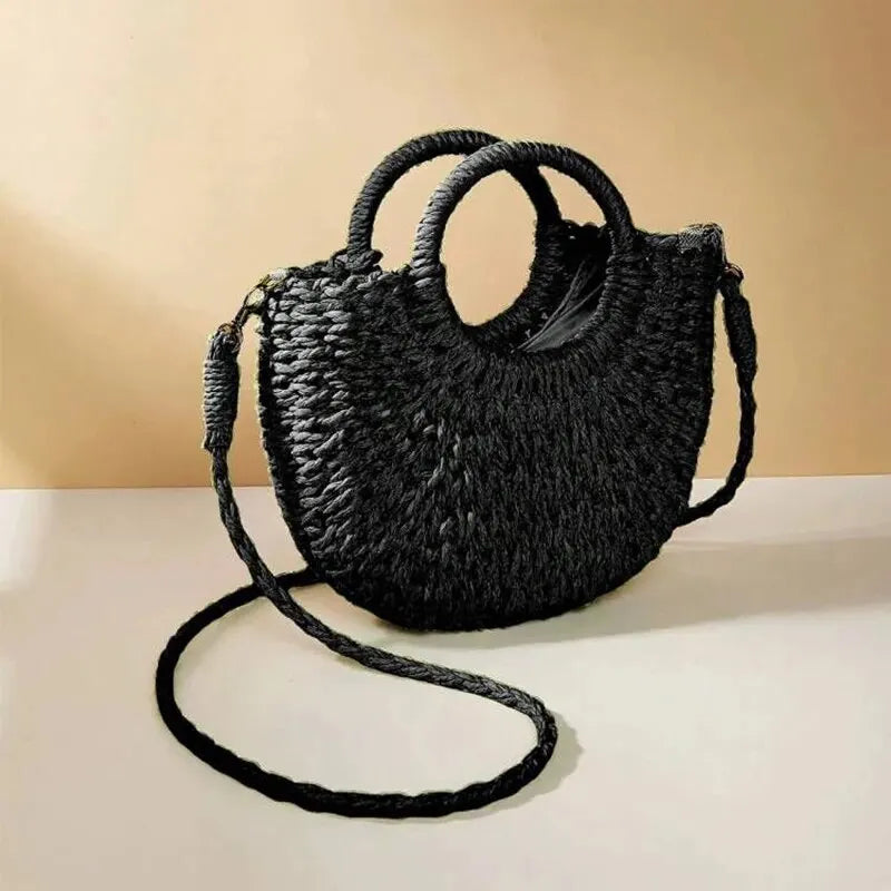 Half-Moon Straw Rattan Crossbody Bag