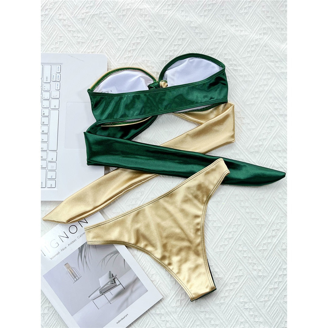Splicing Bandeau Strapless Bikini