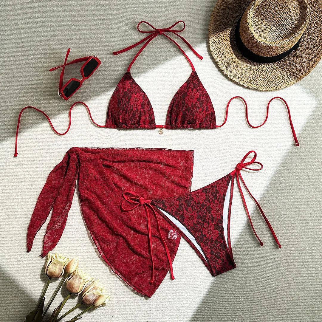 Lace Halter High Cut Bikini Set