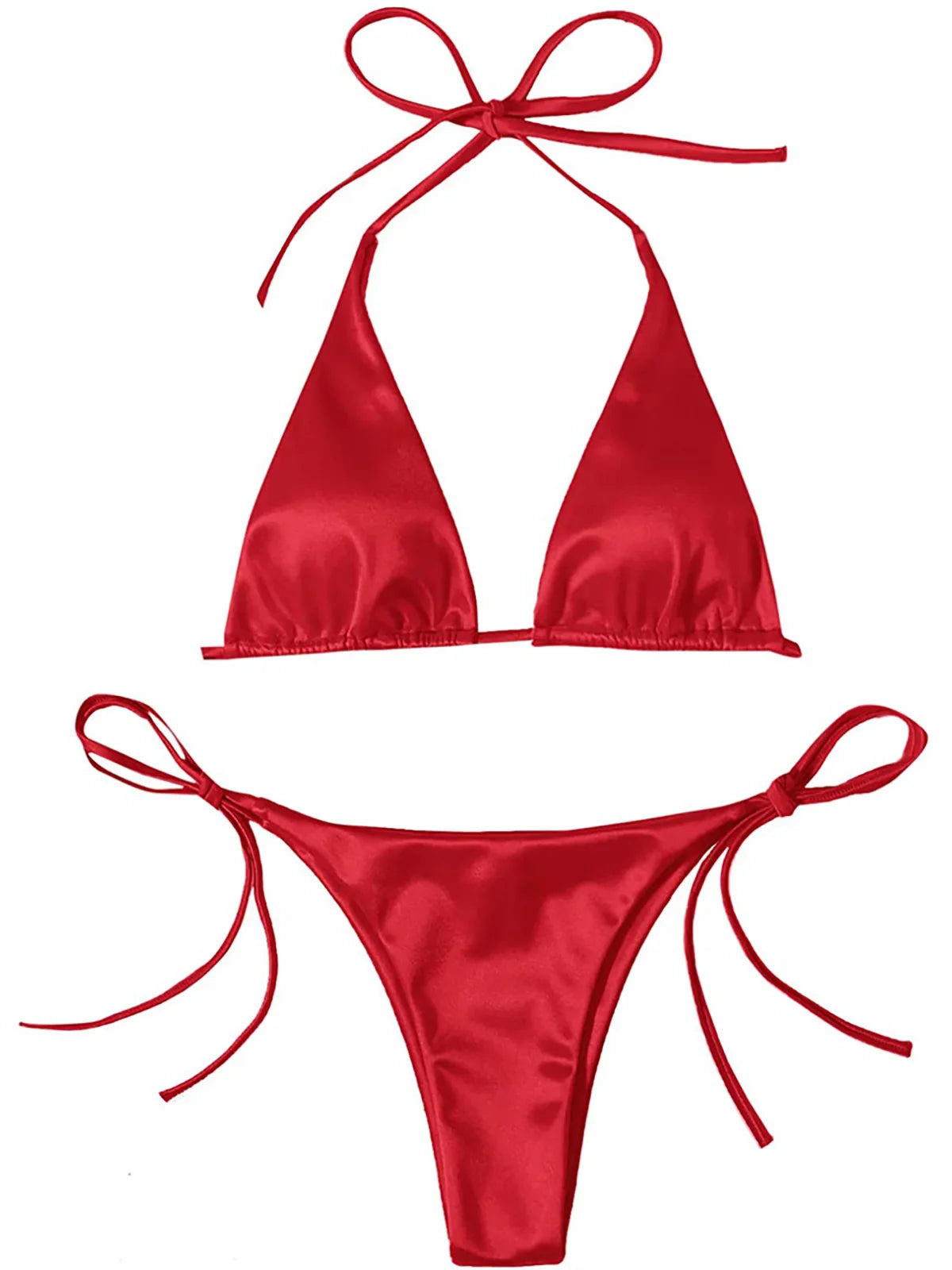 Satin Halter Brazilian Bikini Set Red