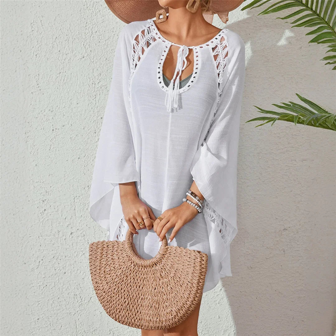 White Long Sleeve Crochet Tunic