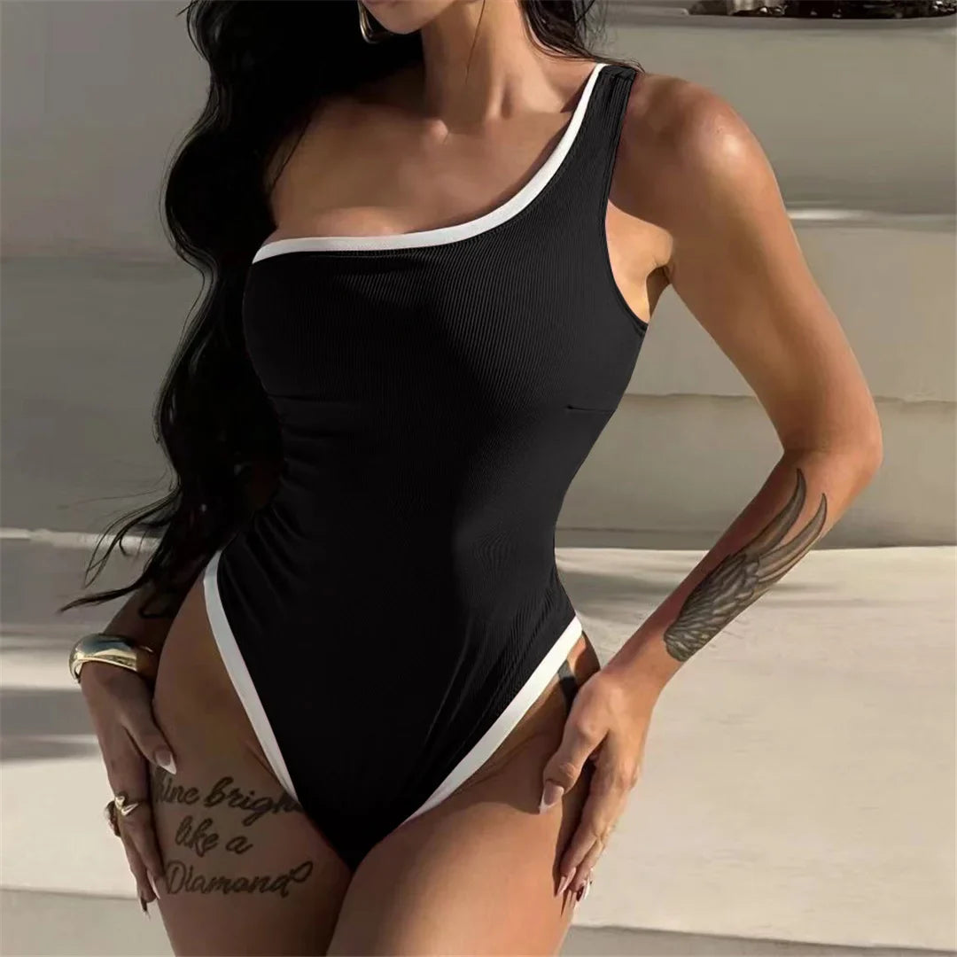 One Shoulder Ribbed Swimsuit