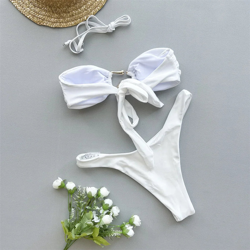 Metal Ring Bandeau Bikini Set