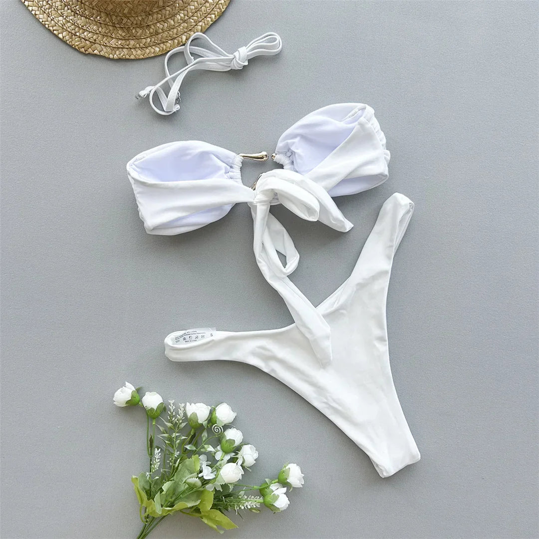 Metal Ring Bandeau Bikini Set