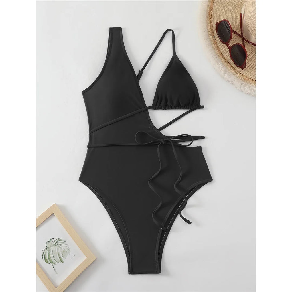 Asymmetric Wrap Around Swimsuit Black